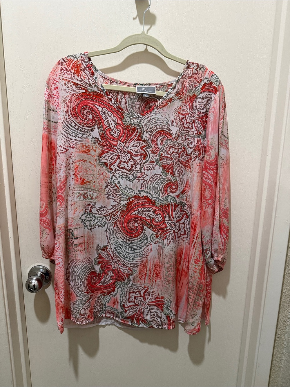 JM Collection Red Paisley Sheer Tunic Top